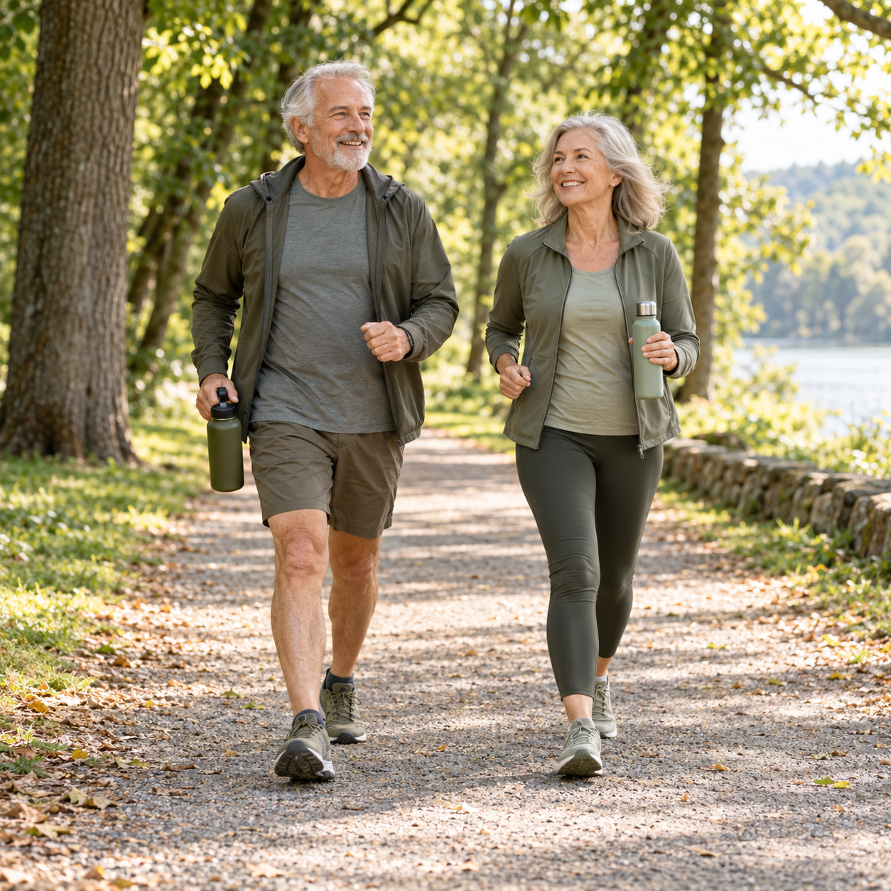 A man and woman in their sixties walking energetically together in a park, each holding a water bottle