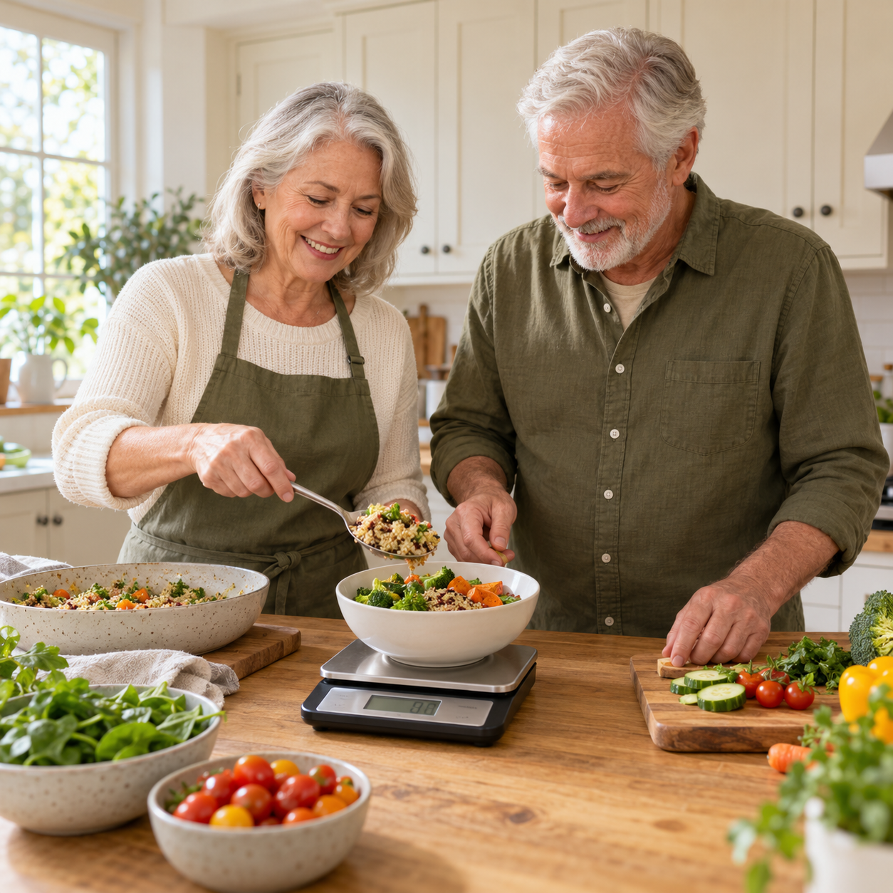 An older man and woman weighing food together on a kitchen food scale