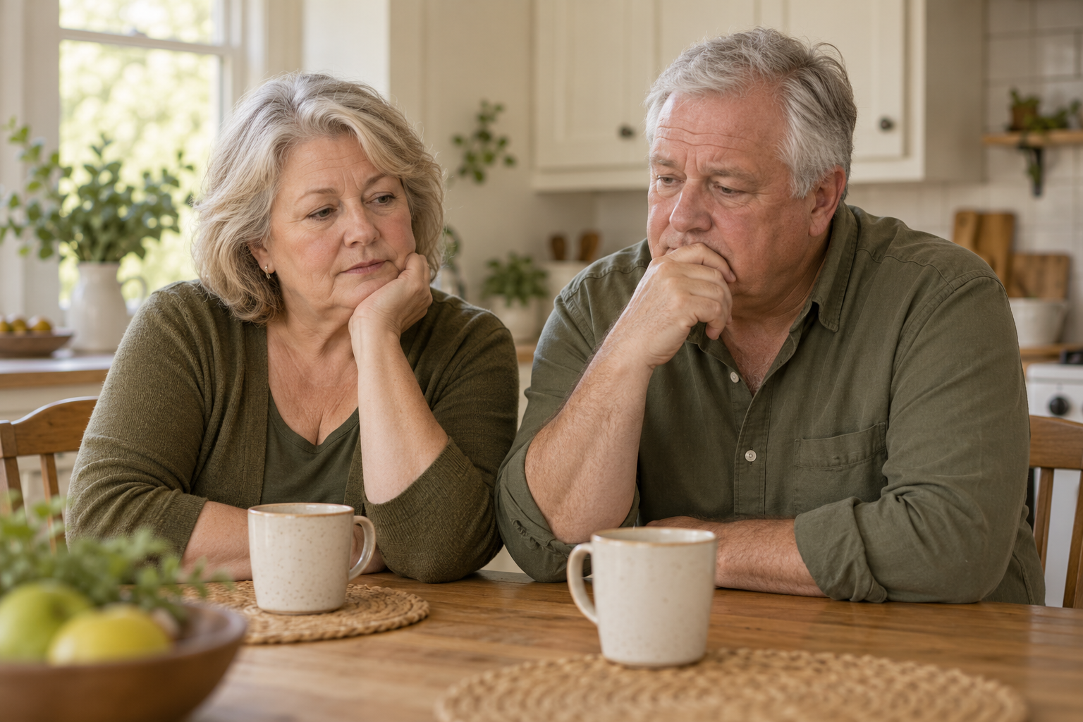 A couple in their sixties sitting together, reflecting on how they feel