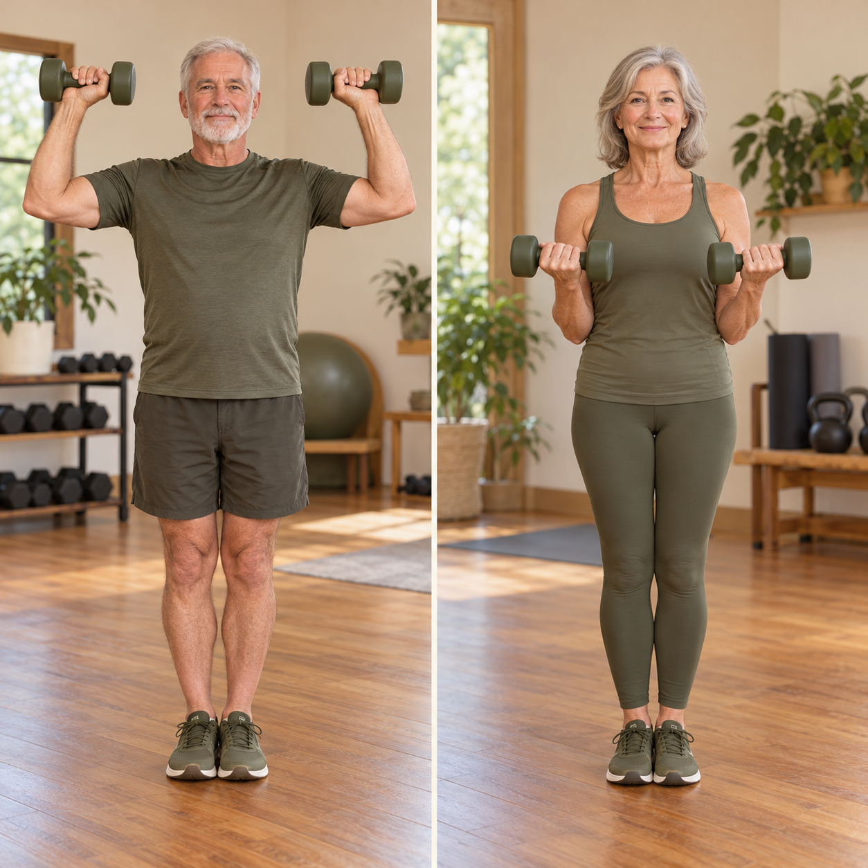 Split-screen photo of an older man doing a dumbbell shoulder press and an older woman doing simultaneous biceps curls, both standing upright with feet together