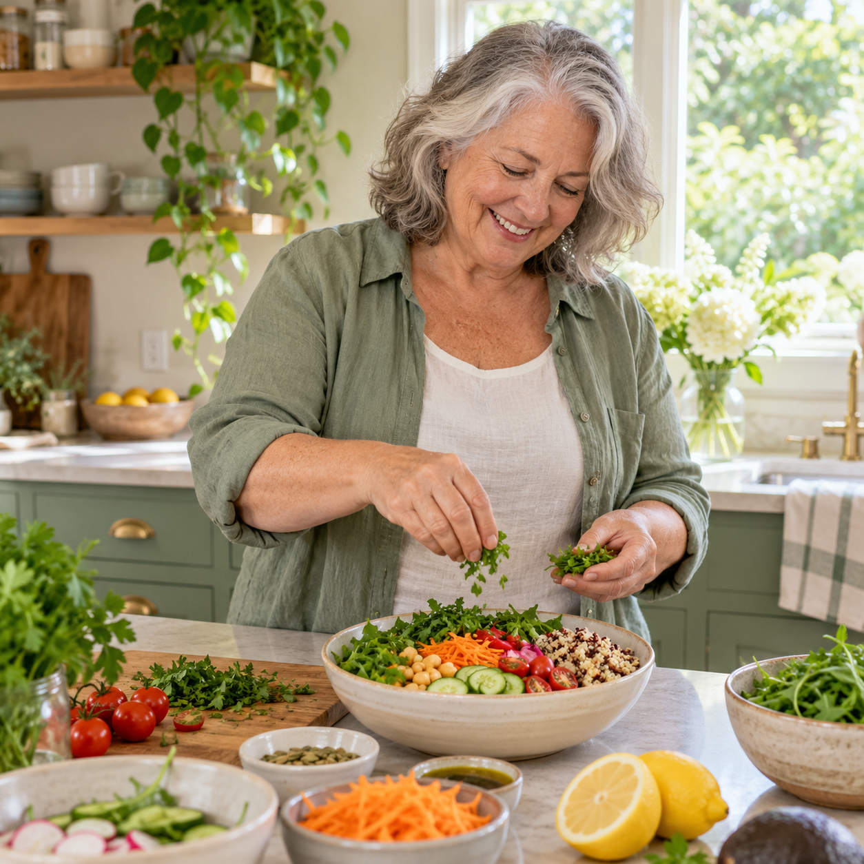An older woman preparing a balanced lunch
